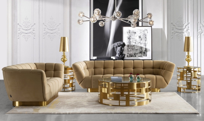 Glam Mustard Yellow Loveseat with Gold Base Channel Tufted Seating