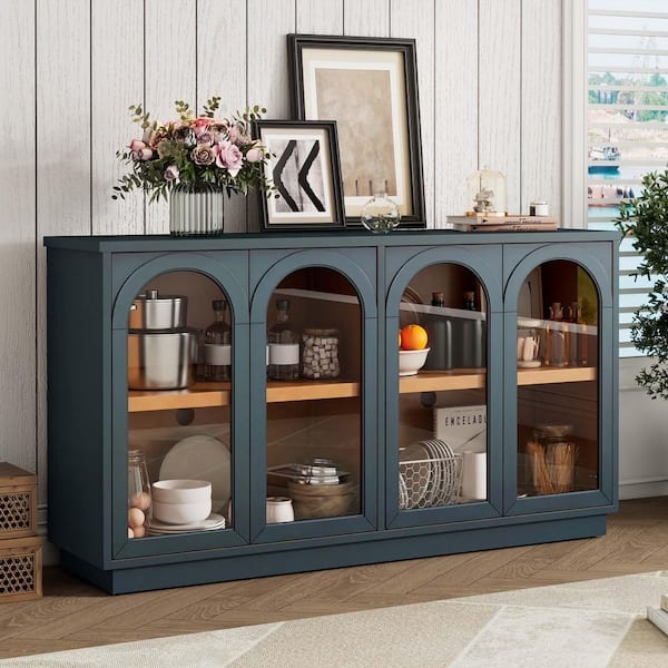 Glam Navy Blue Sideboard with Fluted Glass Doors