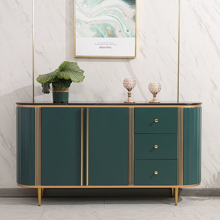 Glam Oval Sideboard Fluted Stone Top Luxurious Finish