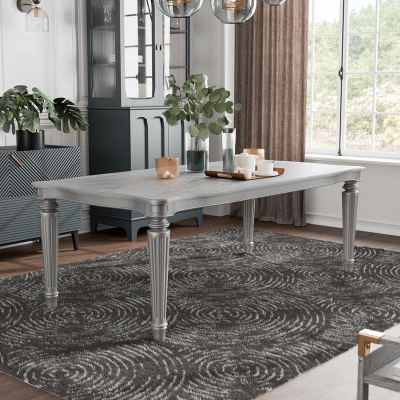 Glam Silver Wood Dining Table with Faux Crystal Inlay Mirrored Accents