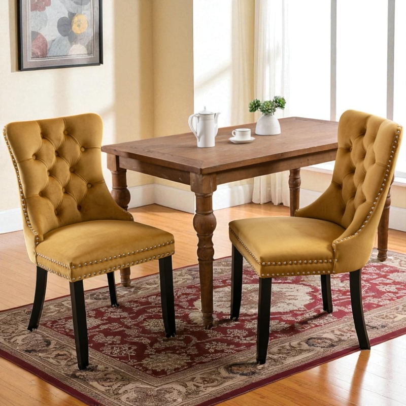 Glam Traditional Dining Chairs in Navy Velvet with Diamond Tufting