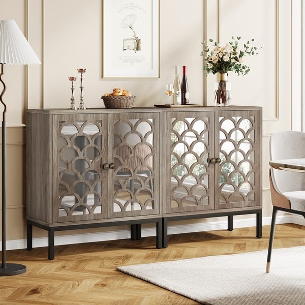 Glam White Buffet Cabinet Set Mirrored Geometric Fretwork