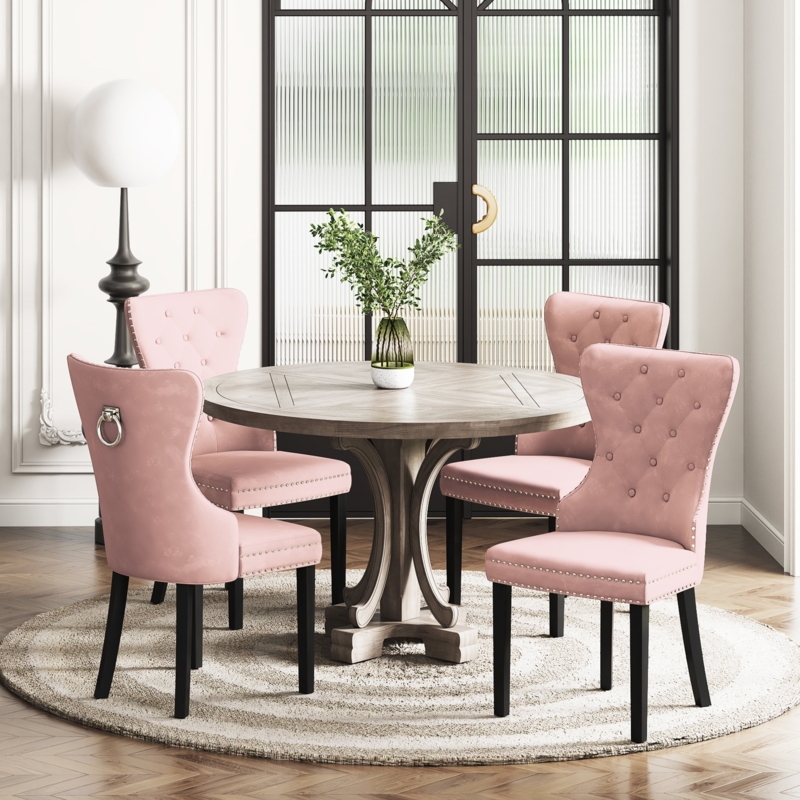 Glam Wingback Dining Chairs with Pull Rings and Tufting