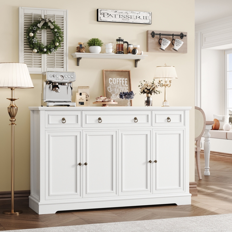 Glass Paneled Sideboard with Triple Drawer Design and Bracket Feet