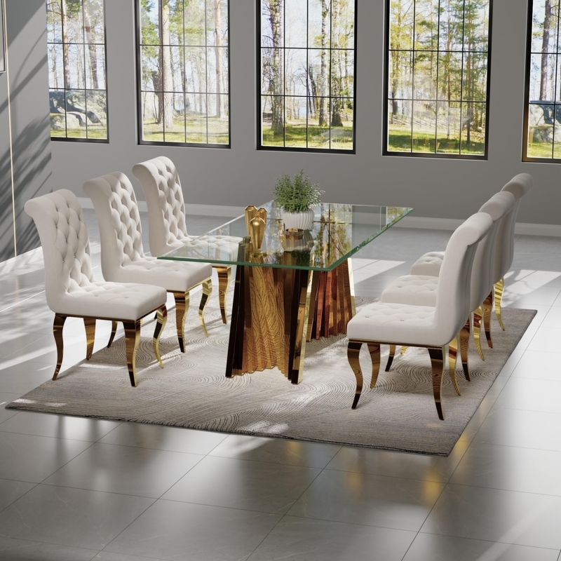 Glass Top Dining Set with Geometric Gold Base and White Upholstery