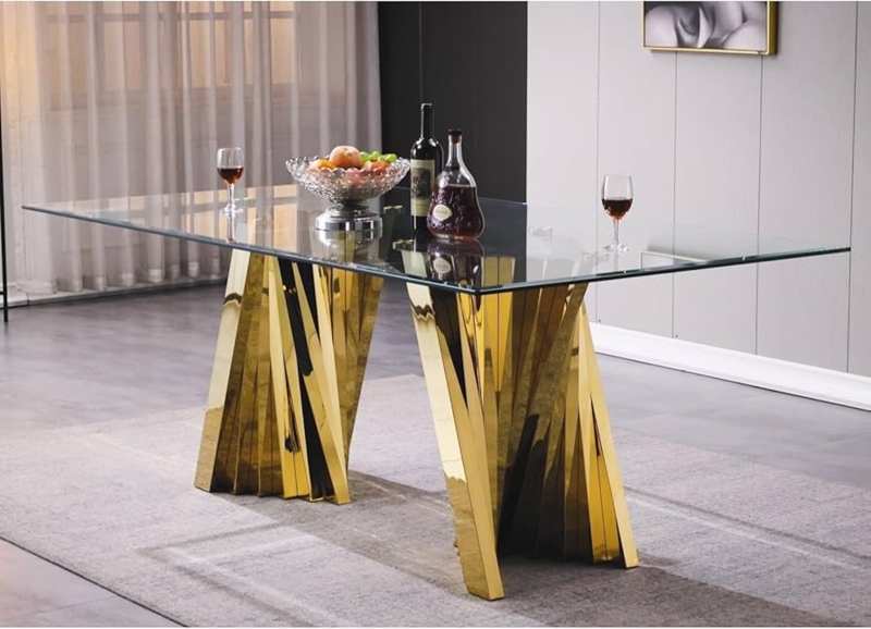 Glass Top Dining Table Set with Channel Tufted Black Chairs