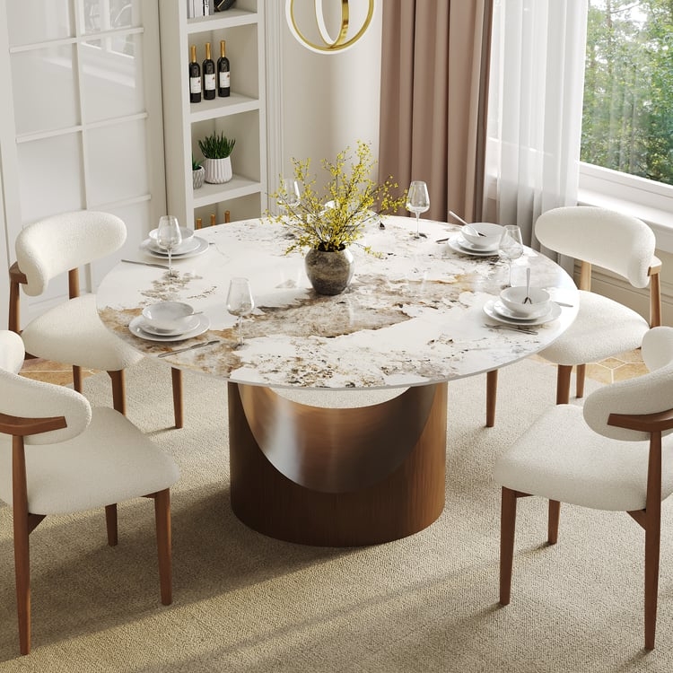 Glossy White Dining Table Round Stone Top Gold Pedestal Base
