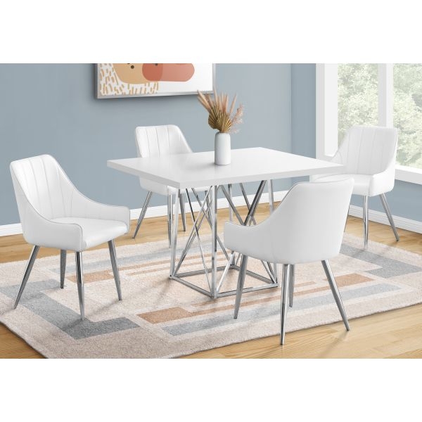 Glossy White Laminate Dining Table with Square Silver Metal Legs