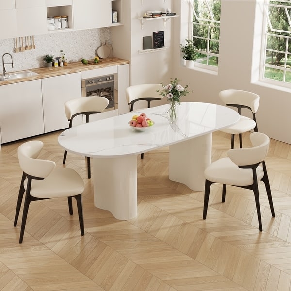 Glossy White Oval Kitchen Table with Double Cylindrical Legs
