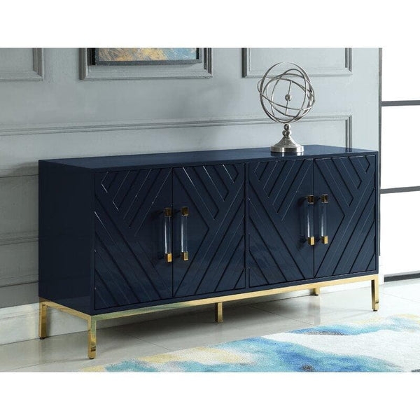 Glossy White Sideboard with Vertical Channeling and Gold Metal Legs