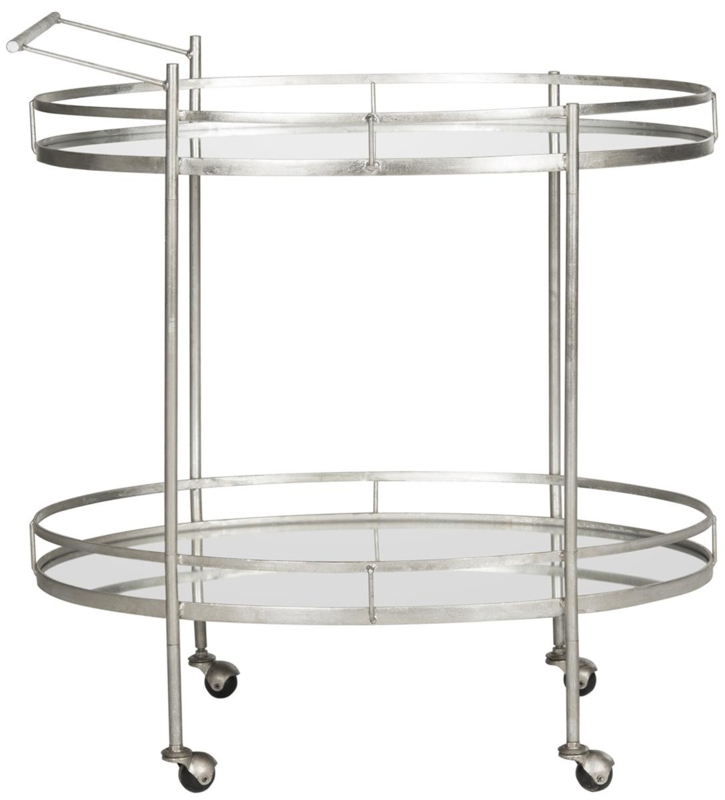 Gold Bar Cart with Circular Silhouette and Dark Mirrored Shelves