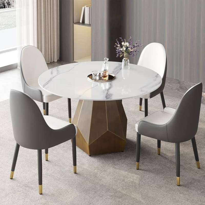 Gold Pedestal Dining Table Round Stone Top Glam Style