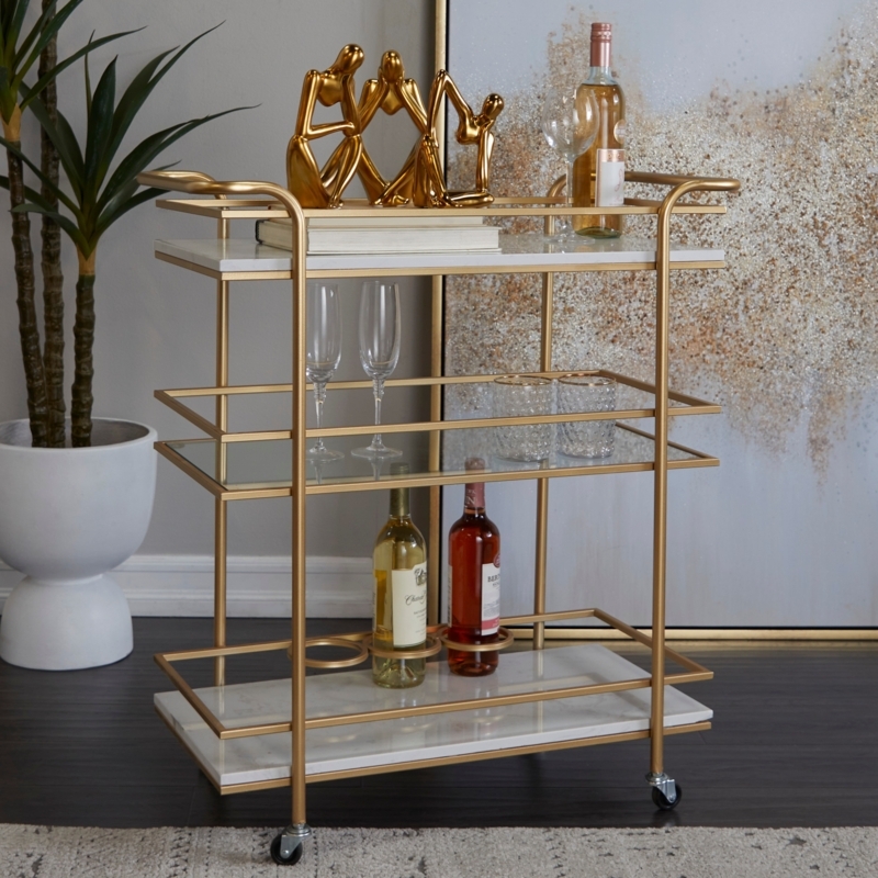 Gold Three Tier Bar Cart with Mixed Marble and Glass Shelving