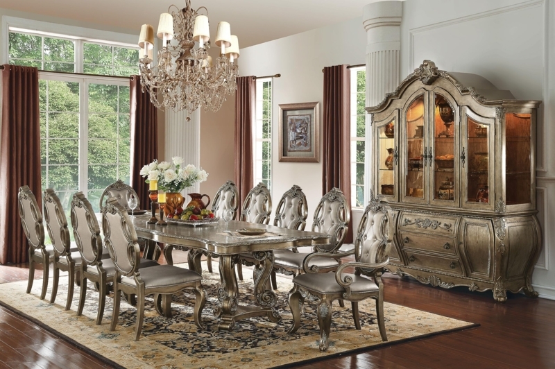 Grand Dining Table Set with Double Pedestal Base and Tufted Chairs