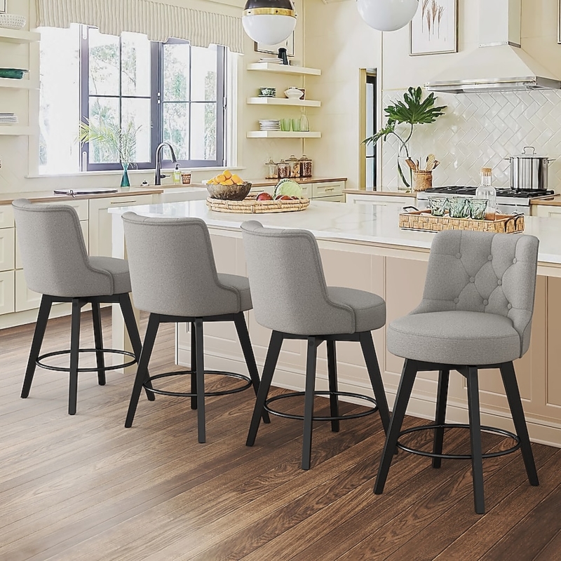 Gray Bar Stools Set of 4 Tufted Swivel Black Legs Circular Base