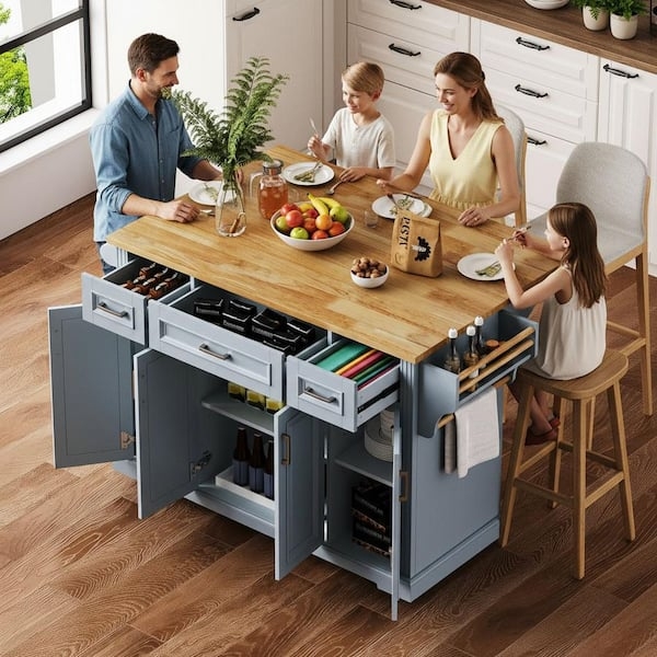 Gray Blue Kitchen Island with Wood Drop Leaf Top & Towel Racks