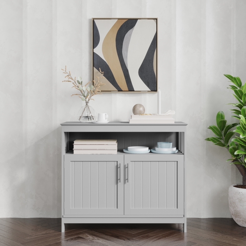 Gray Buffet with Walnut Top and Open Storage Shelf, Transitional Style