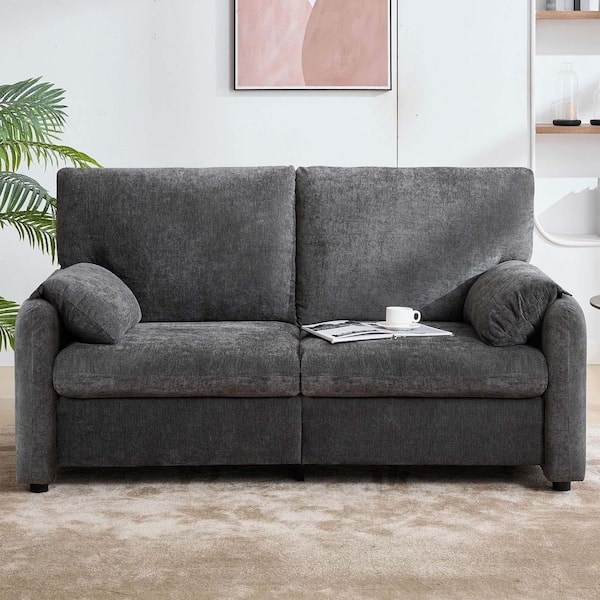 Gray Chenille Loveseat with Square Arms & Matching Pillows for Small Spaces