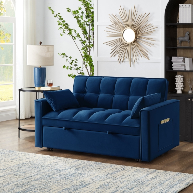 Gray Convertible Sleeper Sofa with Side Storage Pockets & Tufting