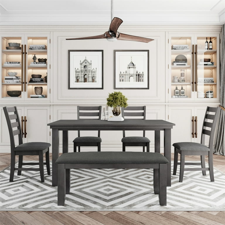 Gray Dining Set with Bench and Slat Back Chairs in Matte Finish