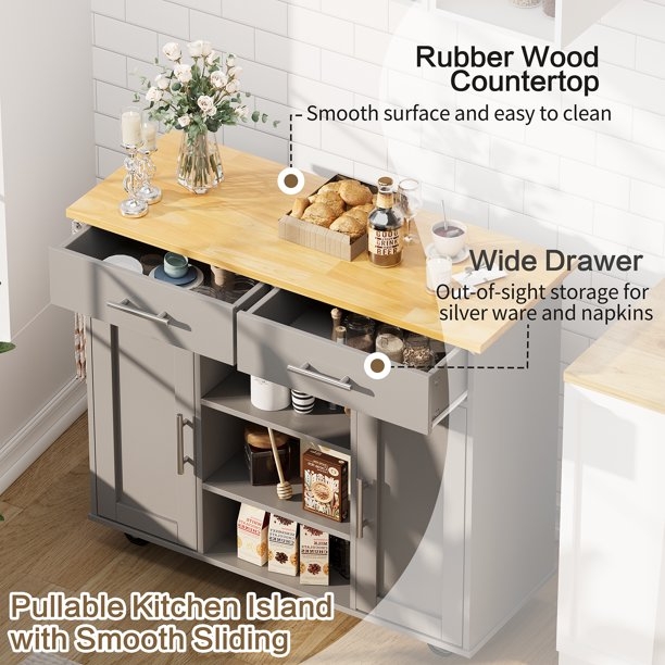 Gray Kitchen Island Cart with Side Open Shelving and Locking Wheels