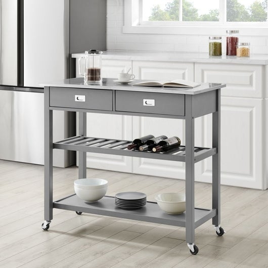 Gray Kitchen Island with Stainless Steel Top and Slatted Shelf