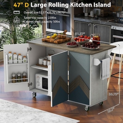 Gray Kitchen Island Wood Top Slatted Shelves Storage Drawer