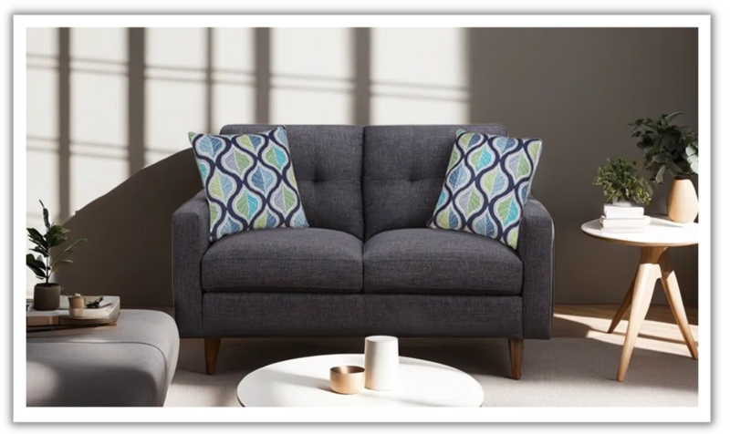 Gray Rolled Arm Loveseat with Grid Tufting and Piping Detail