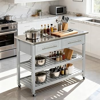 Gray Rolling Kitchen Island with Stainless Steel Top, Slatted Shelves
