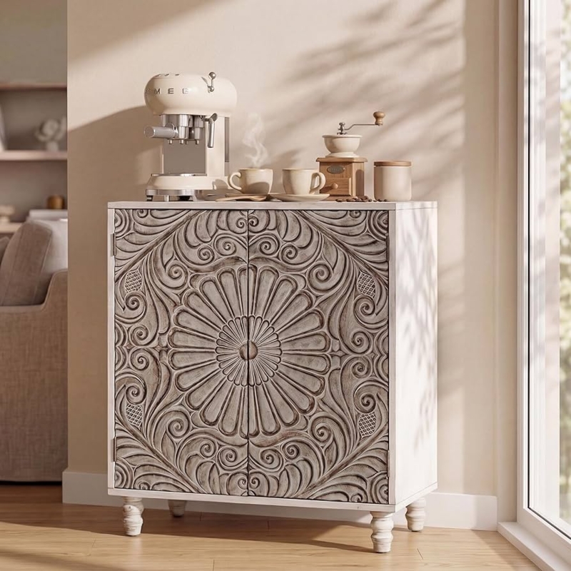 Gray Sideboard with Relief Carved Floral Pattern and Tapered Legs