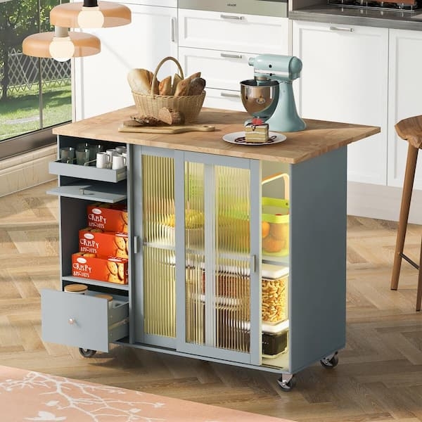 Gray Transitional Kitchen Island Cart featuring Fluted Glass Doors