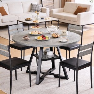 Gray Wood Dining Table with Storage Shelf, Modern Farmhouse X-Base