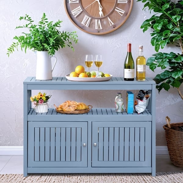 Gray Wood Outdoor Sideboard Cabinet with Slatted Doors, Weatherproof