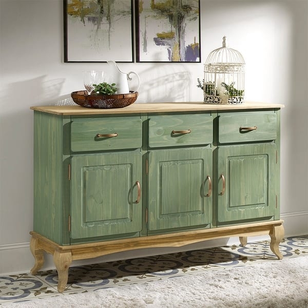 Green Buffet Sideboard Mid-Century Ribbed Doors Wood Top
