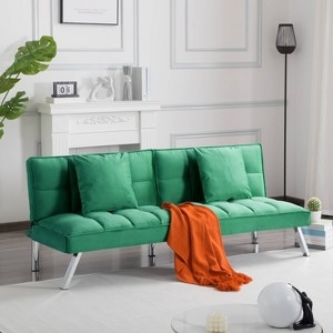 Green Velvet Convertible Loveseat with Track Arms and Vertical Stitching