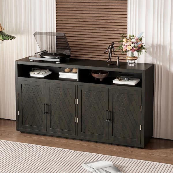 Grey Brown Buffet Cabinet with Open Central Shelf and Vertical Slat Doors