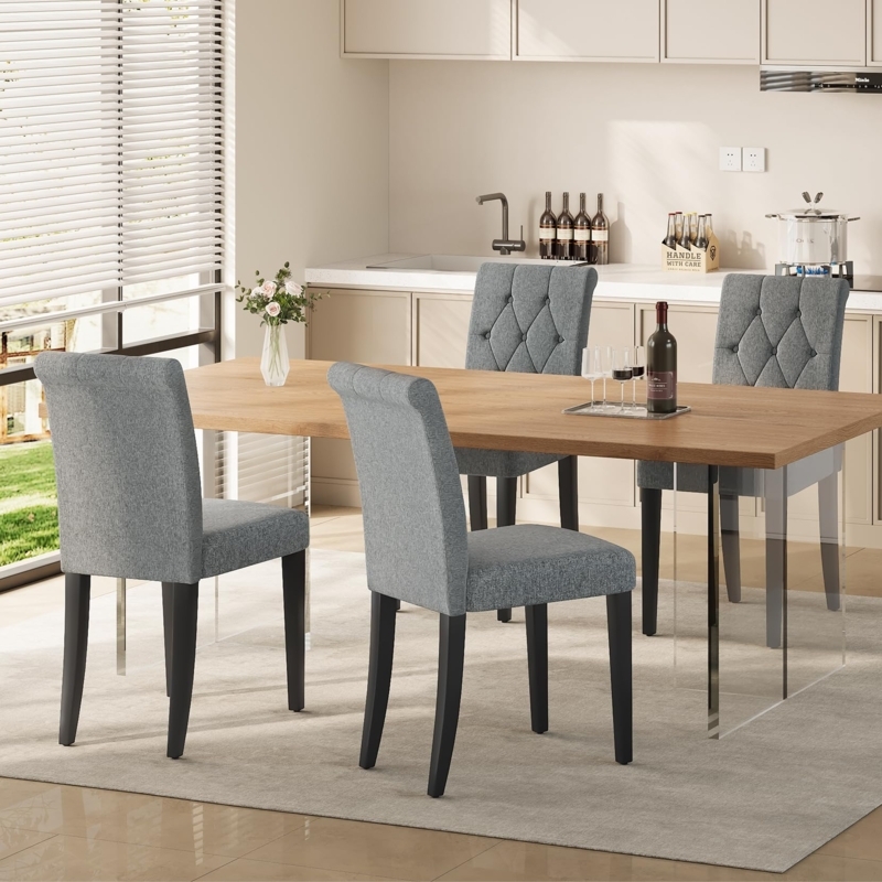 Grey Button Tufted Parsons Dining Chair with Tapered Legs
