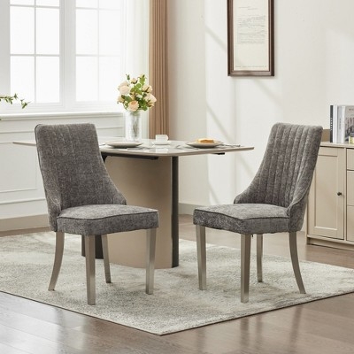 Grey Chenille Chairs: Set of 2 with Polished Silver Legs