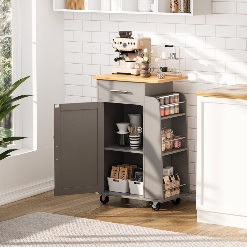 Grey Kitchen Cart with Integrated Wine Rack and Wood Top