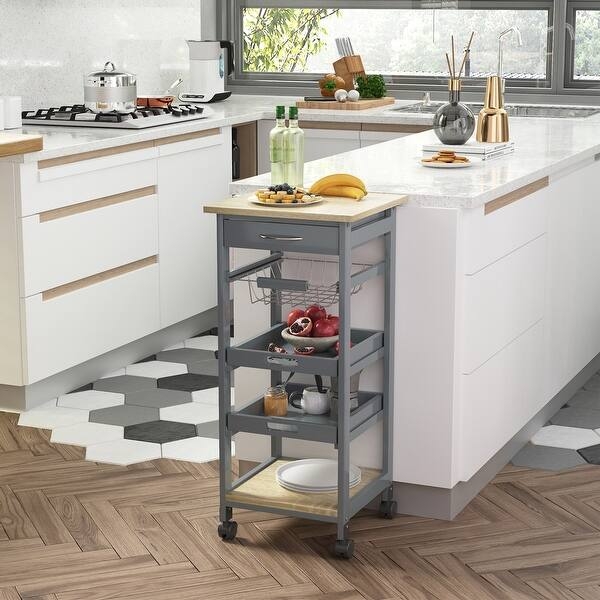 Grey Kitchen Cart with Slide-Out Wire Basket and Wood Top