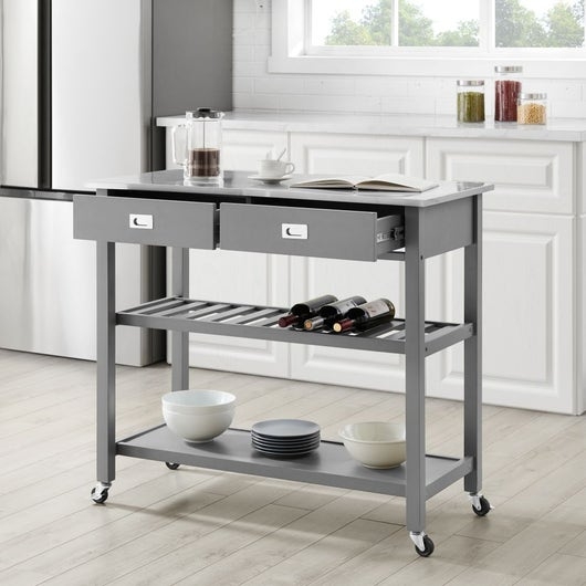 Grey Kitchen Cart with Stainless Steel Top and Slatted Open Shelving