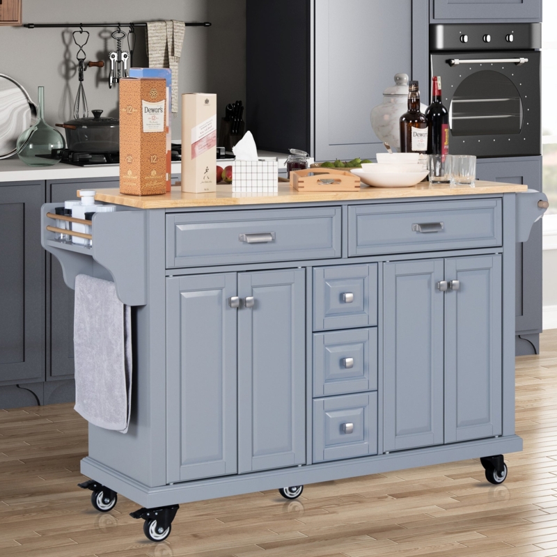 Grey Kitchen Island With Wheels, Slatted Doors And Five Caster Base