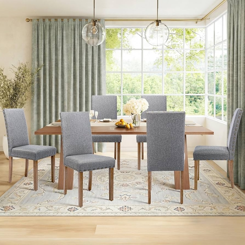 Grey Linen Parsons Dining Chair with Bronze Nailhead Trim