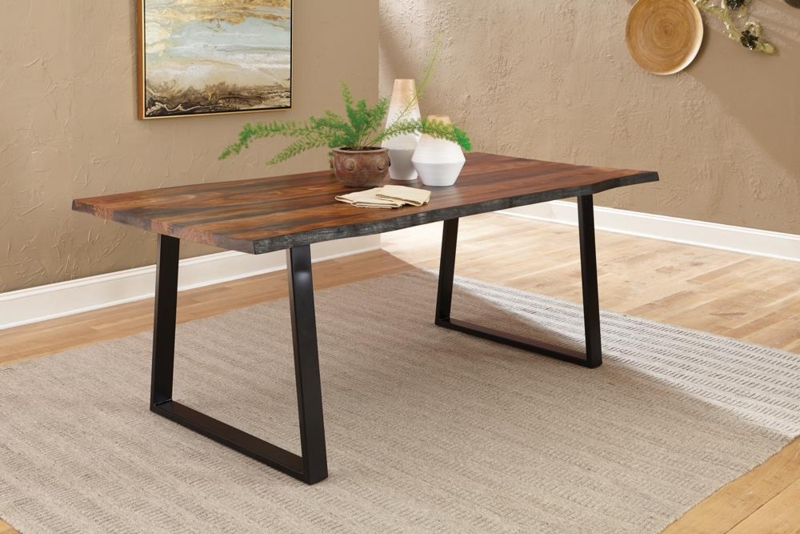 Grey Live Edge Dining Table Black Metal U-Shaped Base