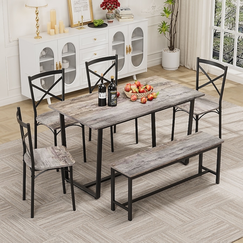 Grey Modern Farmhouse Dining Set with Slat Back Chairs and Bench