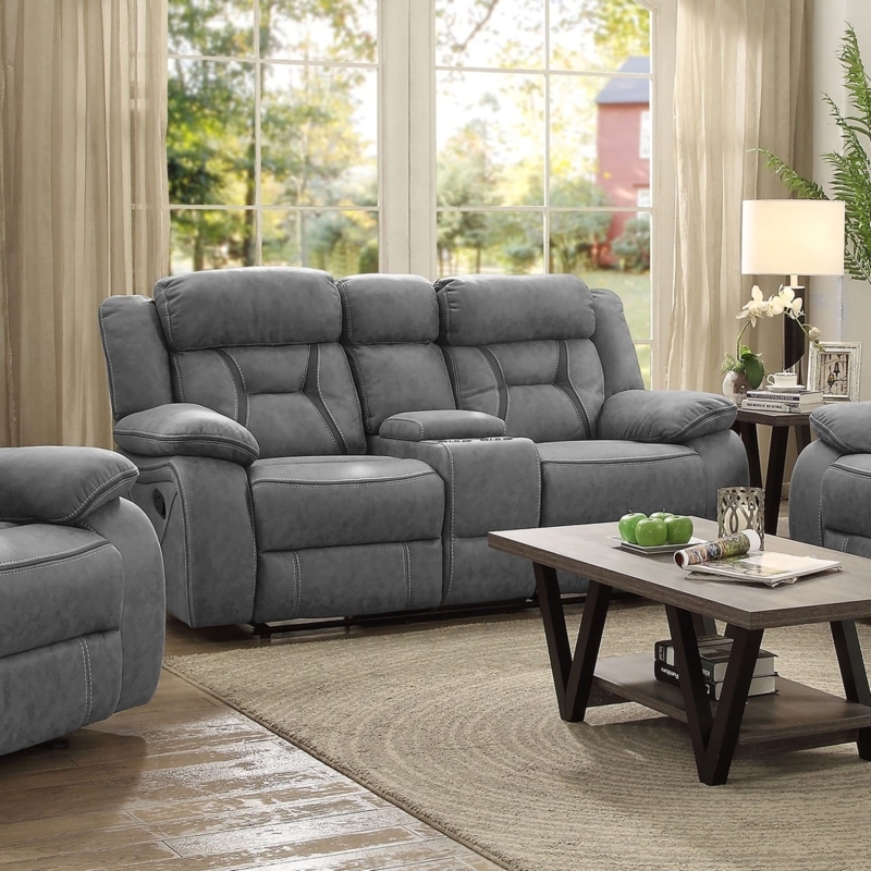 Grey Motion Loveseat featuring Power Recline and Storage Console
