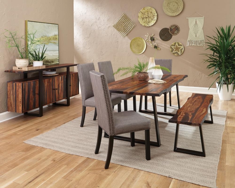 Grey Sheesham Live Edge Dining Table Matching Bench U-Legs