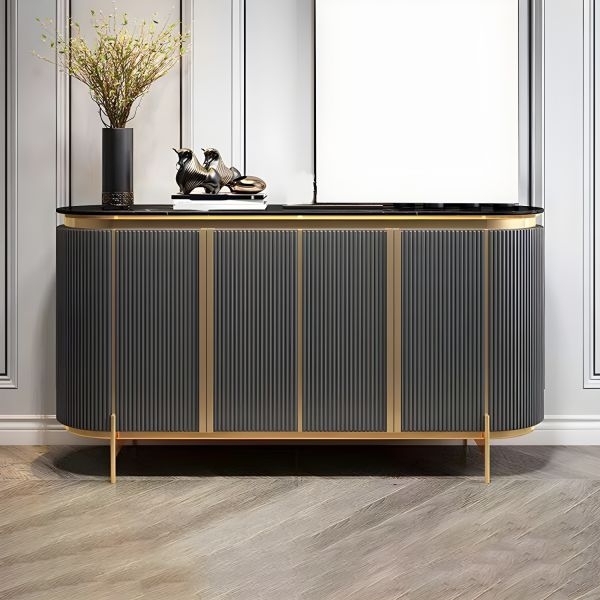 Grey Sideboard with Sunburst Fluting and Gold Accents, Modern Glam