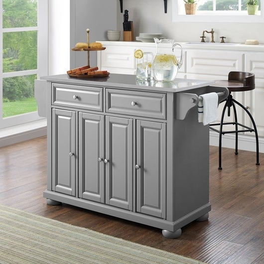 Grey Traditional Kitchen Island with Triple Drawers and Open Shelves