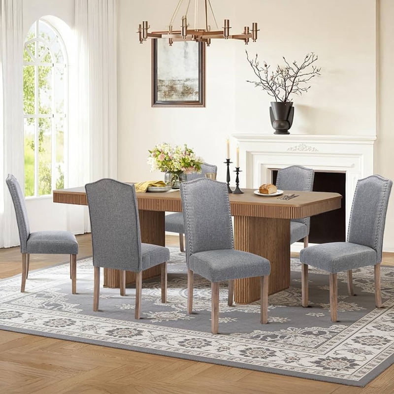 Grey Upholstered Parsons Dining Chair with Silver Nailhead Trim